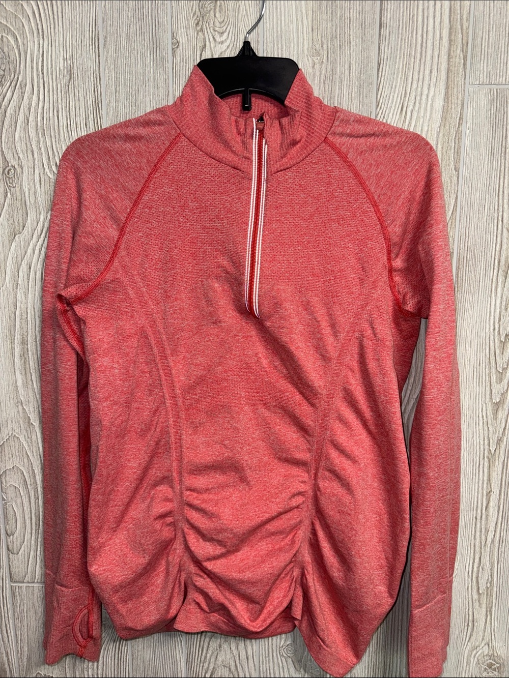 Athleta Coral-Red Quarter Zip Ruched Pullover